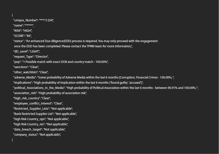 API response example for third-party screening.