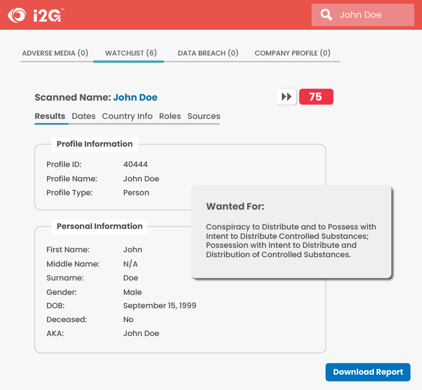 RiskSecure I2G watchlist search result highlighting charges against an individual.